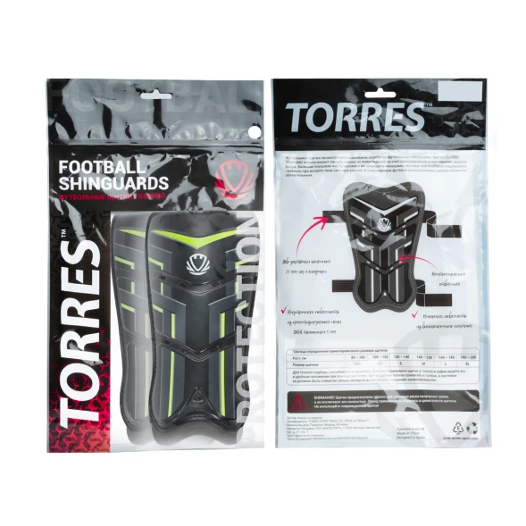 Щитки футбольные TORRES Training, FS2306L,р.L, без голеностопа, две заст. на лип, черно-салатовый
