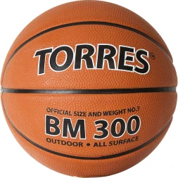 Мяч баск. TORRES BM300, B02013, р.3, резина, нейлон. корд, бут. камера, коричневый